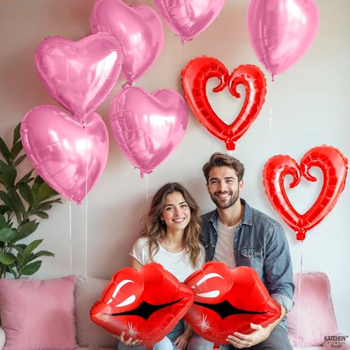 Image of KatchOn, Red and Pink Heart Shaped Balloons - 22 Inch, Pack of 10 | Lips Balloons and Heart Balloons, Valentines Day Decorations | Heart Foil Balloon for Galentines Day Decorations | Valentines Decor