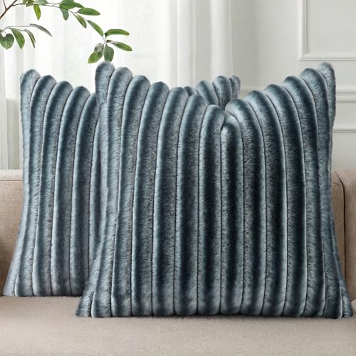 Image of Pallene Faux Fur Plush Throw Pillow Covers 18x18 Set of 2, Luxury Soft Fluffy Striped Decorative Pillow Covers for Sofa, Couch, Living Room, Ombre Blue