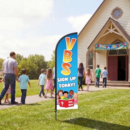 Image of Remagr 2 Pack Vbs Church Feather Flag 7 ft Advertising Swooper Flag Sign Windless Vacation Bible School Feather Banner with Pole Kit and Ground Stake for Businesses Outside Ground