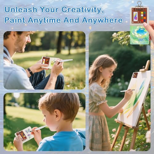 FICOFISE Tragbares Mini Aquarell Set – 7 Stück Pocket Aquarell Set 12 Farben mit Skizzenbuch, Paletten, Stiften & Clip, Portable Watercolor Palette für Künstler, Outdoor Skizze & Anfänger