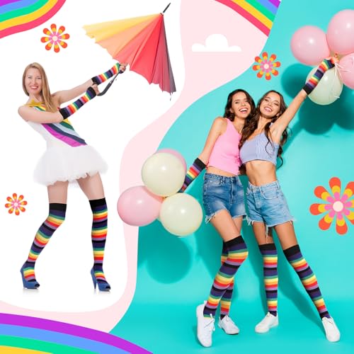 Image of Geyoga Striped Arm Leg Warmers Set Fingerless Gloves