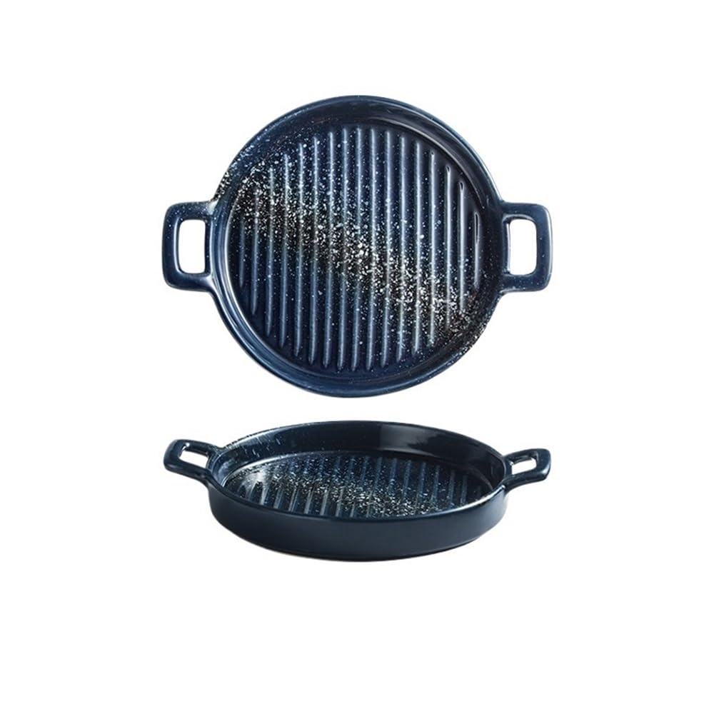 HPTHLY Baking Bowl Double Ear Ceramic Baking Tray Western Steak Plate Microwave Oven, Utensils,25.5 * 21 * 4Cm Baking Dish (Blue)