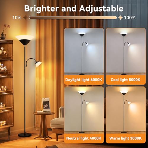Image of SIBRILLE 2-in-1 Torchiere Floor Lamp, 34W Super Bright LED Standing Lamp with Remote & Touch Control, 72 inch Dimmable Adjustable Corner Reading Lamp for Living Room, Bedroom, Office, Black