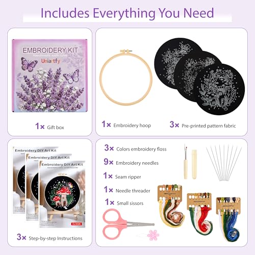 Image of Uniartfy 3 Sets Embroidery Kit for Adults Beginners, Needlepoint Kits Cross Stitch, Hand Embroidery Starter Kit with Mushroom Stamped Patterns, Hoop, Tools, Colorful Threads with Needles, Instructions