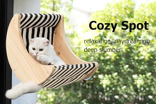 Image of Cat Window Perch, Plywood Moon Bed with 4 Heavy-Duty Suction Cups | Window-Mounted, Drill-Free, Up to 40 lb Support, For Small to Medium Cats, Spacious Lounging Area, Machine-Washable Pad