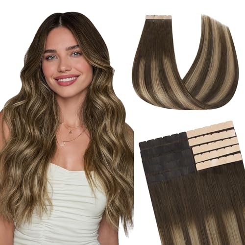 Image of GOO GOO Tape in Hair Extensions, Soft Skin Weft Seamless, Remy Human Hair | Mini Tape Cut to Fit, Easy Install, 18 Inch 40g 10PCS, 4 /27 /4 Balayage Chocolate Brown to Caramel Blonde
