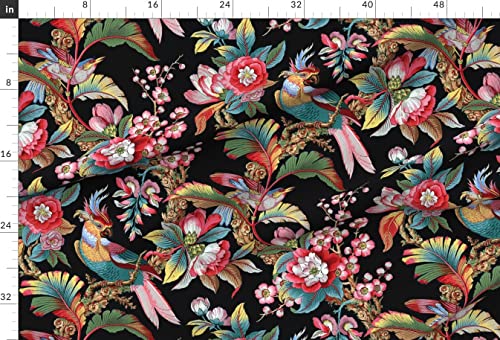 Spoonflower Fabric - Edwardian Parrot Bright Black Tropical Bird Botanical Historical Printed on Upholstery Velvet Fabric by The Yard - Upholstery Home Decor Bottomweight Apparel