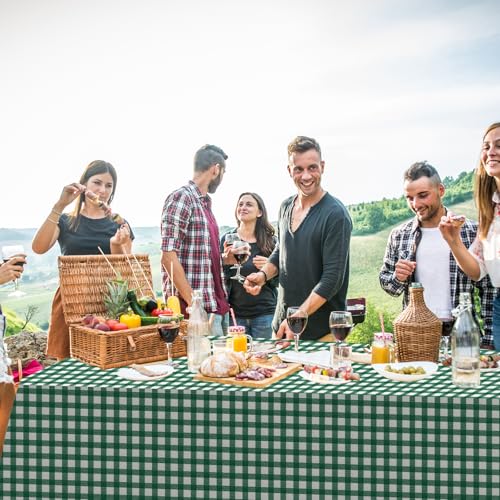 Image of 12Pack Dark Green Plastic Checkered Tablecloth, Premium Decorative Disposable Green Gingham Plaid Table Cloths for Parties, Rectangle Party Table Cover for Picnic Farm Birthday Wedding, 54x108 Inch