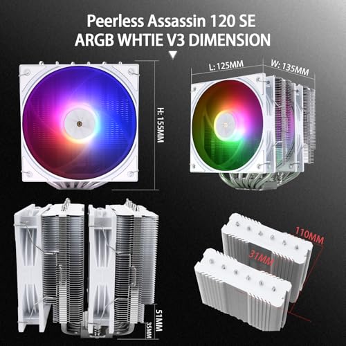 Image of Thermalright Peerless Assassin 120 SE ARGB White V3 CPU Air Cooler, 6 Copper Heat Pipes, Double Tower and Double ARGB Fans, 155mm High, for AM4 /AM5,Intel LGA1851 /1700 /115X /1200