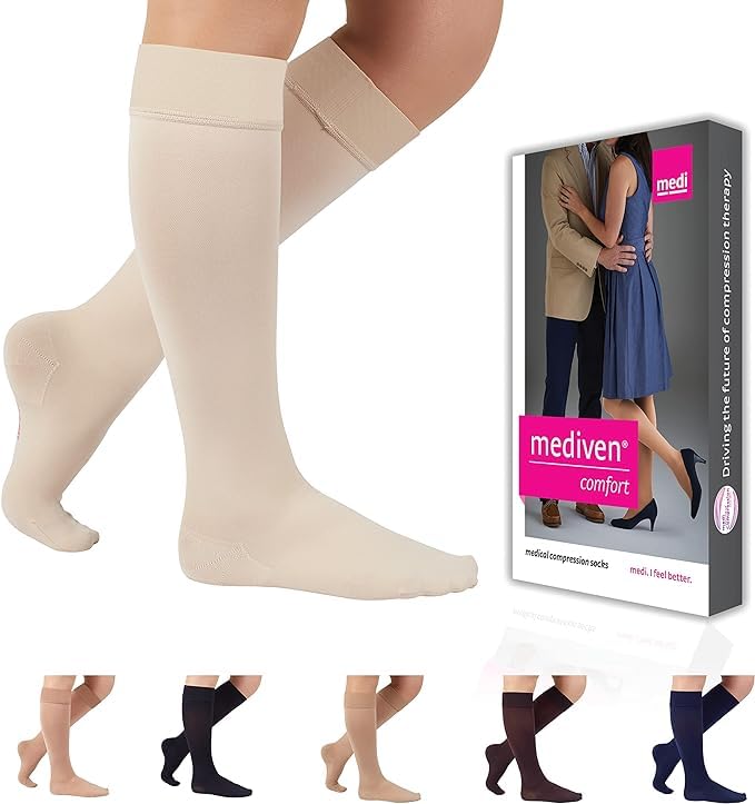 Image of Mediven Comfort Women's 20-30 mmHg Knee High Compression Stockings, Closed Toe, Semi-Transparent, Soft & Breathable Support for Leg Circulation, Work & Travel, III, Petite, Wheat