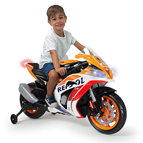 INJUSA - Moto Eléctrica Repsol a Batería de 12V Licenciada con Puño Acelerador Luces LED Entrada USB Mp3 y Radio Bandas de Goma en Las Ruedas y Ruedas de Apoyo Recomendada para Niños +3 Años