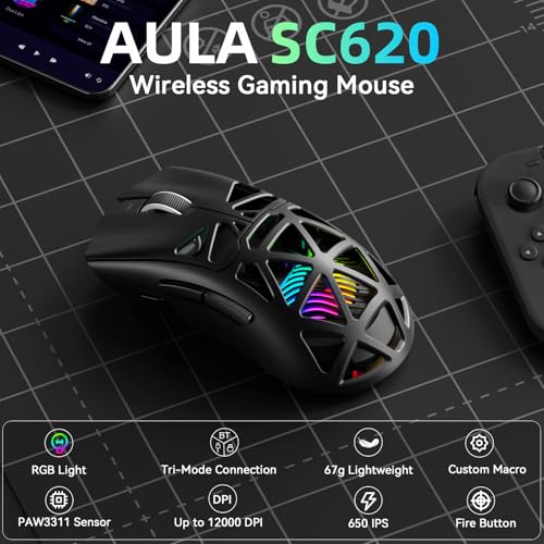 Image of Aula SC620 Wireless Gaming Mouse, Tri-Mode 2.4GHz /USB-C /BT5.3 Computer Mouse with 12000 DPI, Programmable Macro Gamer Mouse with Rapid Fire Key, RGB Light Gaming Mice for PC /Laptop /Mac(Black)