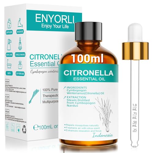 ENYORLI Citronellaöl Ätherische Öle 100ml 100% Naturreine Citronella Öl Herb-Frischer Duft für Diffuser Raumduft DIY Kerzen Seife Geschenke für Frauen