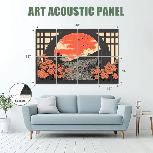 8 Pack Paneles Acústicos Auto Adhesivos Tradicional Paisaje Japonés Ondas Pájaros Elementos Florales Paneles Decorativos para Pared Aislantes de Sonido 48"x32" para Oficina Hogar Estudio miniatura 2