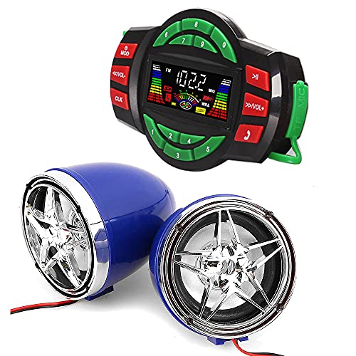 Image of UTV ATV Bluetooth Amplifier Sound System Hand-Free Speakers FM USB Audio System Stereo 3 Inch Speakers 12V Motorcycle Waterproof Audio FM Radio Stereo Speaker (Chrome&Blue Star Speaker)
