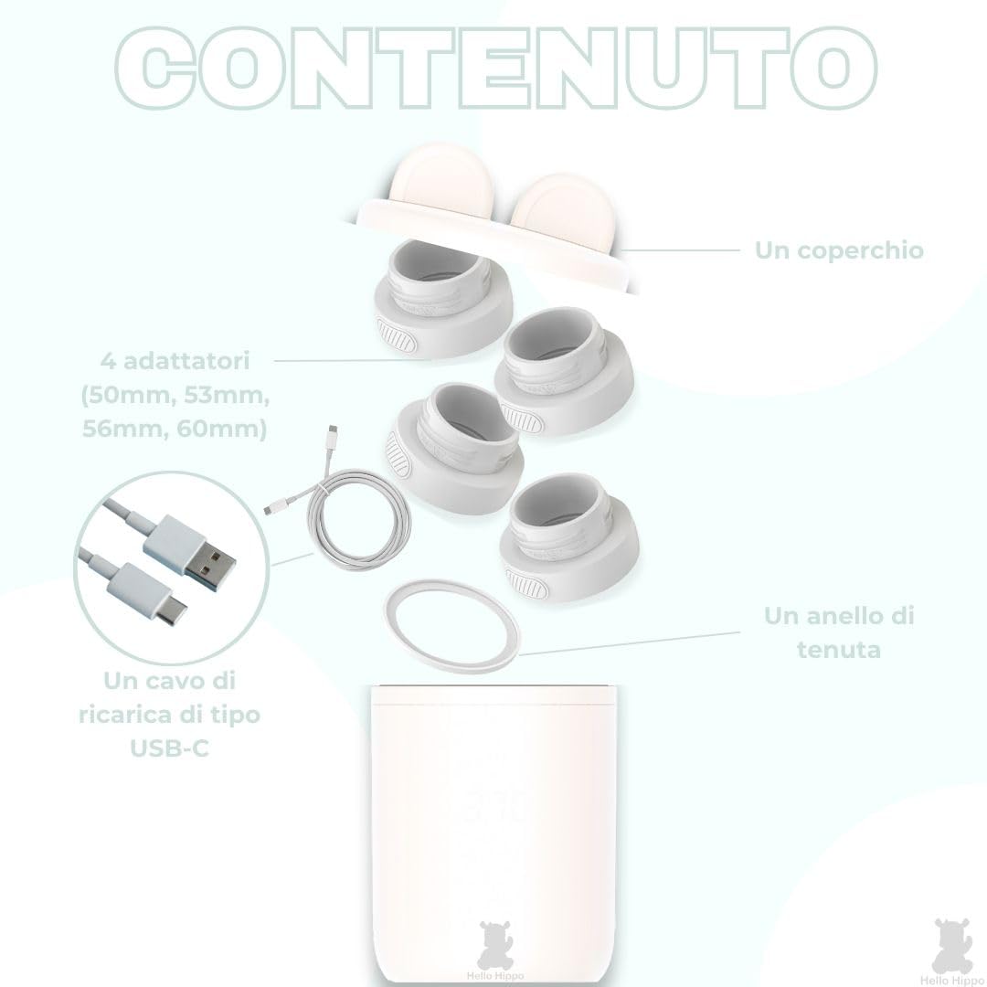 Hello Hippo - Scaldabiberon compatto e portatile: USB-C ricaricabile, anti-perdita, compatibile con Philips Avent, MAM, NUK | 4 temperature regolabili | Riscaldamento rapido ed efficiente