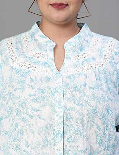 Image of oxolloxo Women Plus Size Floral Print Mandrain Collared Cotton Shirt