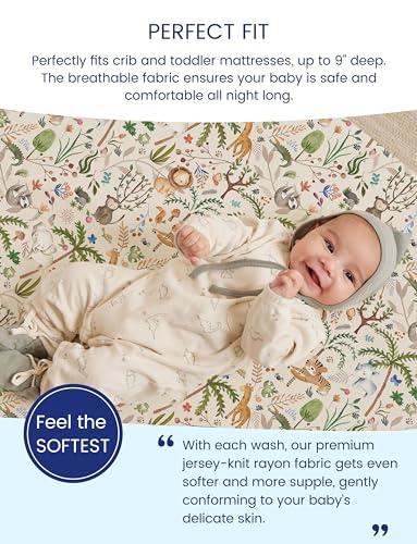 Image of TotAha Crib Sheets for Boys Girls, Premium Soft Crib Mattress Fitted Sheet, Super Stretchy Jersey Knit Baby Sheets, Silky Comfort Baby Bed Sheets 28x52x9 Extra Deep Pocket, 2 Pack (Happy Zoo & Jungle)