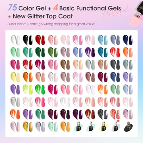 Image of ROSALIND 80 PCS Gel Polish Set with 5PCS Top Coat and Base Coat,75 Multi-Colred u v Gel Nail Polish Kit Soak Off Nail Set for Women