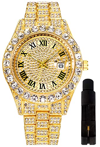 Hip Hop Watches for Men Iced-Out Bling Diamond Luxury Quartz Watches with Date