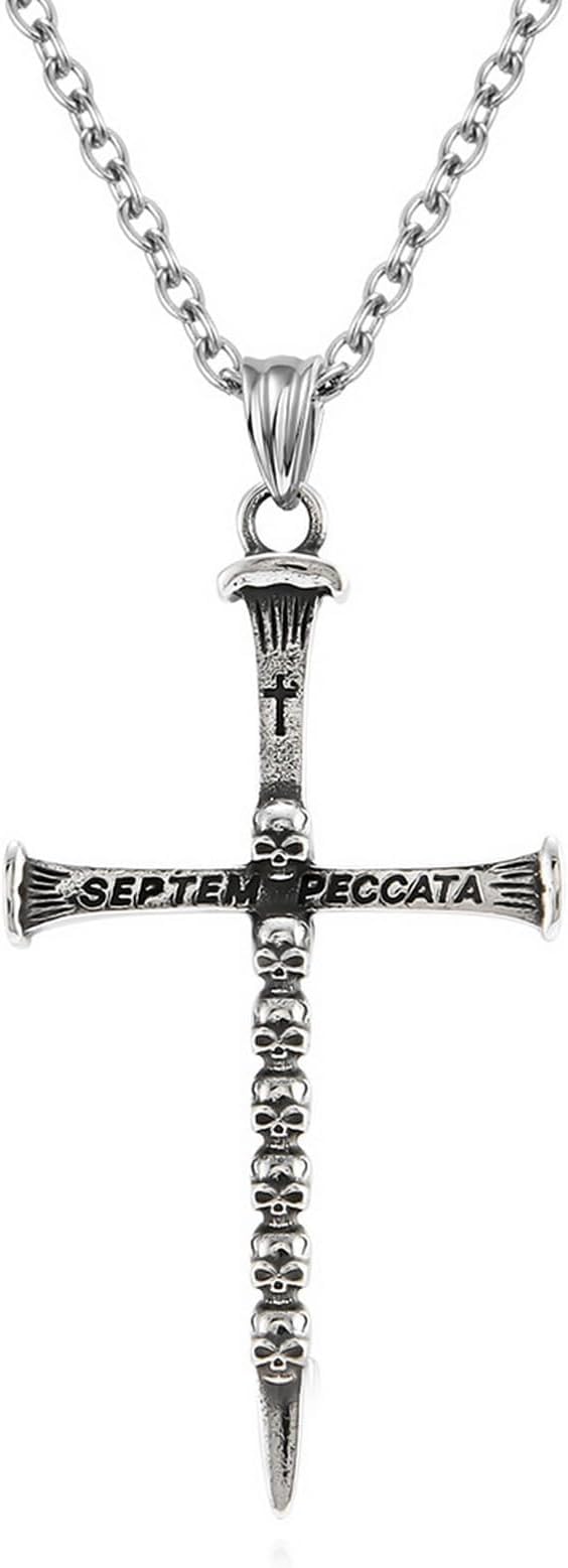 STYLE KRAFT Mens Jewellery Skull Cross Nail Pendant Necklace Silver Chain Pendant Men Women With Box Chain American Trending Style for Men & Boy (B0DCP5F92D) Amazon Price History, Amazon Price Tracker
