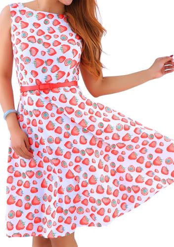 Yming Frauen Rockabilly Kleid Hepburn Jahre Stil Kleid Ärmellos Kleid Festliches Sommerkleid Rot Erdbeeren S
