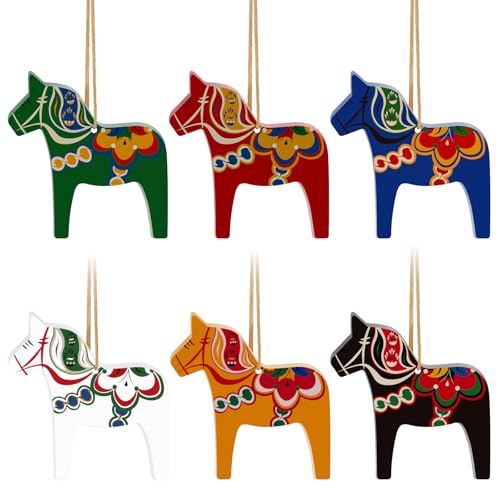 Dala Horse Swedish Christmas Decorations 6 PCS Double-Sided Wooden Dala Horse Ornament for Home Christmas Tree Table Wall Party Gift
