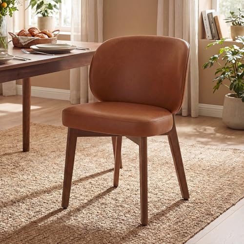 Image of YOUNIKE Single Dining Chair Modern Kitchen Dining Room Chair Brown | Faux Leather Upholstered Armless Side Accent Chair with Back 20.1 inch Wide Padded Seat Wooden Legs for Living Room Bedroom