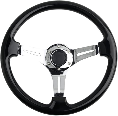 Miniatura 4 de Volante de carreras de coche negro clásico con radios plateados cromados de 14 pulgadas, plato plano deportivo, volante de grano de madera,