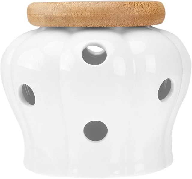 Healeved Round Ceramics Jars Storage Container White Stoneware Garlic Keeper Round Ceramics Garlic Jars Storage Container with Lid