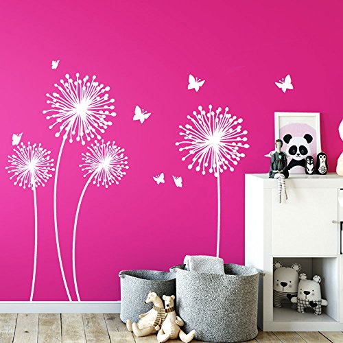 Wandaro W3424 Muursticker 4 paardebloemen I wit XL set I Baby meisje vlinders sticker woonkamer muursticker kinderkamer muursticker