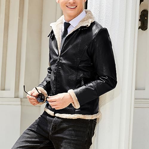 Men's Casual Faux Leather Zip Up Long Sleeve Bomber Jacket Fashion Suede Sherpa Jacket Aviator PU Coat with Pockets3