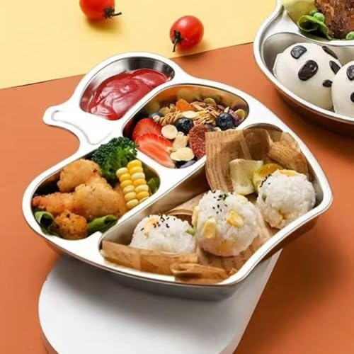 Image of Happy Hues Stainless Steel Divided Meal Plate Tray - 3 Compartments Dinner Dish for Baby (Apple Shape)
