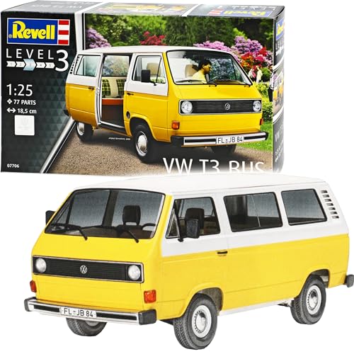 Volkwagen T3 Bus Personen Transporter Gelb Weiss 1979-1992 07706 Bausatz Kit 1/24 Revell Modell Auto mit individiuellem Wunschkennzeichen