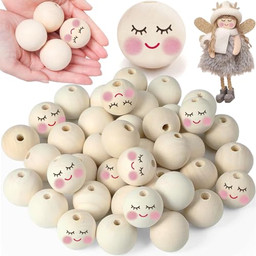 Yueser Bolas de Madera para Manualidades, 30 Piezas Cuentas con Caras Sonrientes 30mm Abalorios Redondos con Agujero Grandes para Muñeca, Llavero