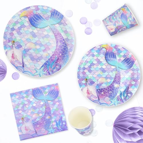 Hmfmdy Service de Table Sirène, 50 Pièces Décoration de Fête, Vaisselle D'anniversaire avec Assiettes, Couverts Queue de Sirène, Gobelets Serviettes Carton, Fournitures de Table pour - 10 Invités – vue 4