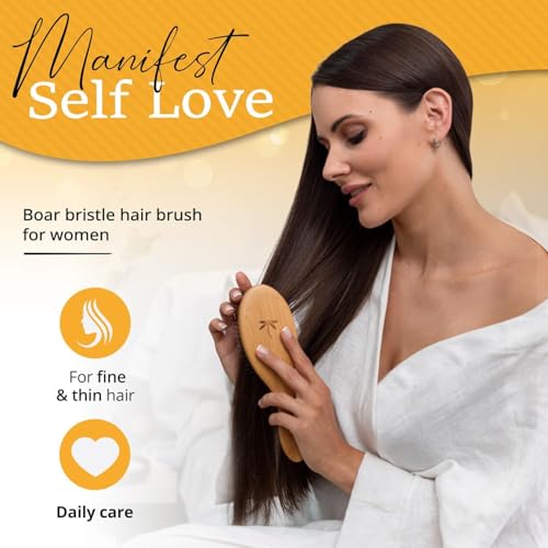Image of Detangling Boar Bristle Hair Brush Set for Women, Men And Kids With Thick, Long And Curly Hair. Detangles And Restores Shine And Texture To Your Hair. Wooden Comb, Travel Bag & Spa Headband