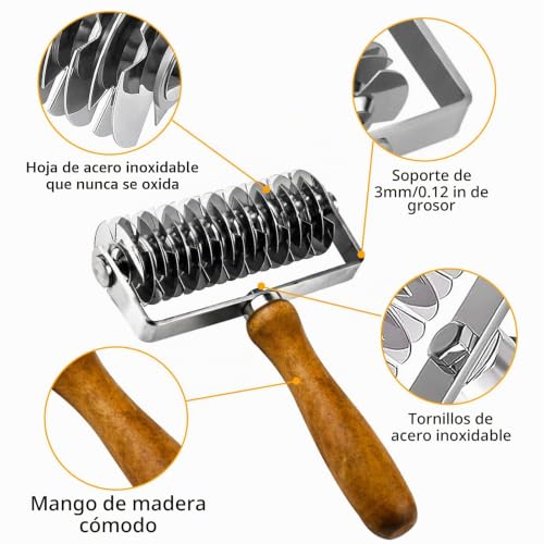 Miniatura 3 de Cortador Rodillo Repostería Celosía Masa, Herramienta Hornear Ahorro Tiempo Hogar,Cortador Rodillo Celosía Hojaldre Acero Inoxidable Con Mango Madera Para Galletas Pan Corteza Pastelería Pastel Pizza