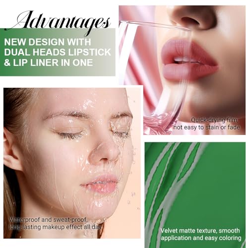Image of evpct 1Pcs Forest Green Matte Lip Liner & Liquid Lipstick Stain Makeup Set for Women, Green Lip Liner Stain Long Lasting Waterproof Smudge Proof, Cruelty Free Lip Stick Makeup 24 hours originales, 48