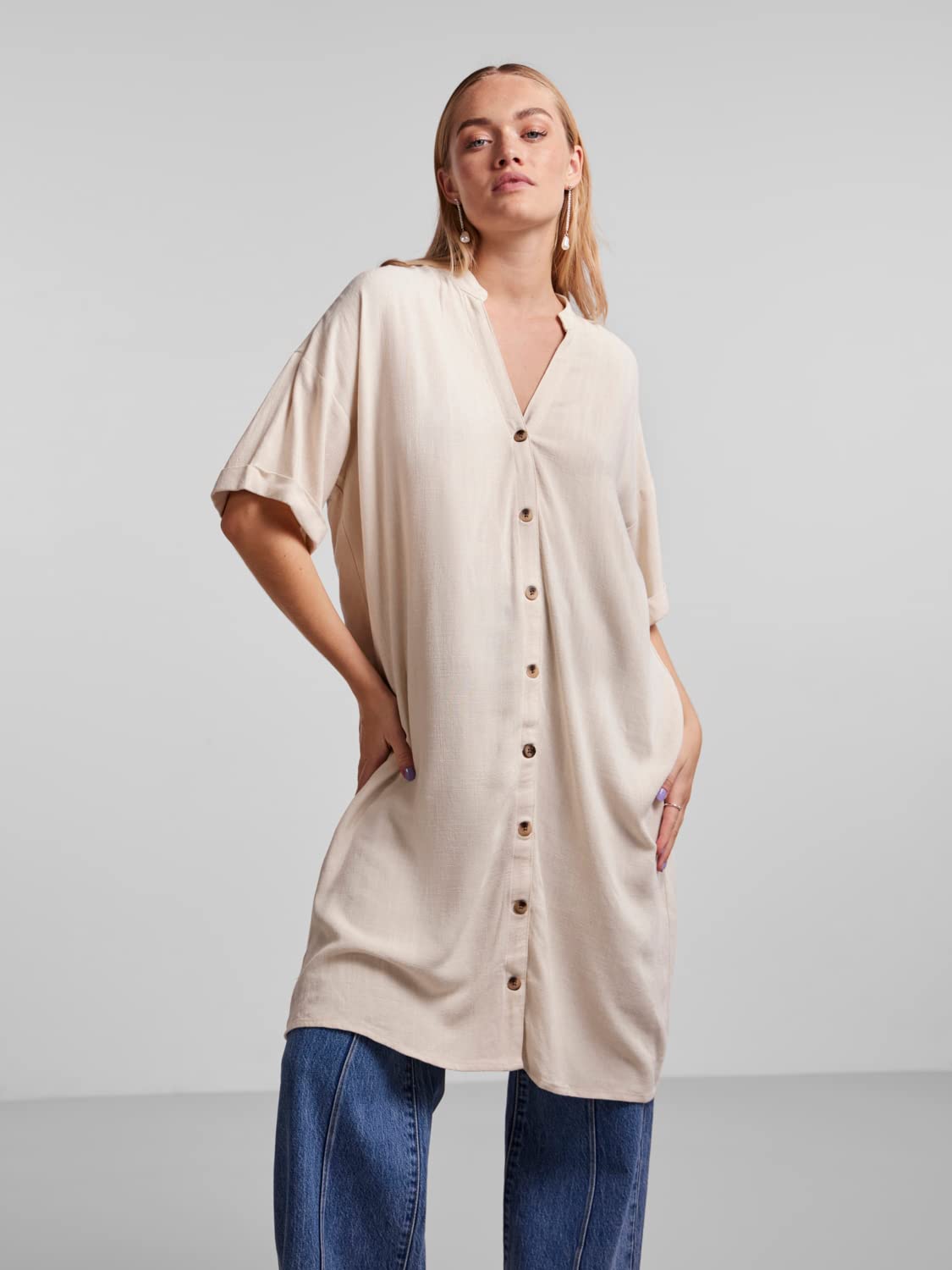 PIECES Pcvinsty SS Linen Shirt Dress Vestito Donna