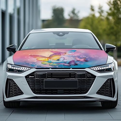 Image of Colorful Butterfly Print Car Hood Cover Stretch Polyester Car Hood Protector Washable Car Decorative Accessories Easy Installation for Women Ladies Cars Sedans SUV