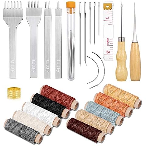 Cridoz 35 Pcs Leather Stitching Pouch Kit with 4mm Prong Sewing Hole Punch, Leather Sewing Tools, Waxed Thread and Large-Eye Stitching Needles for Beginner Leather Sewing Working Crafting Projects Cover