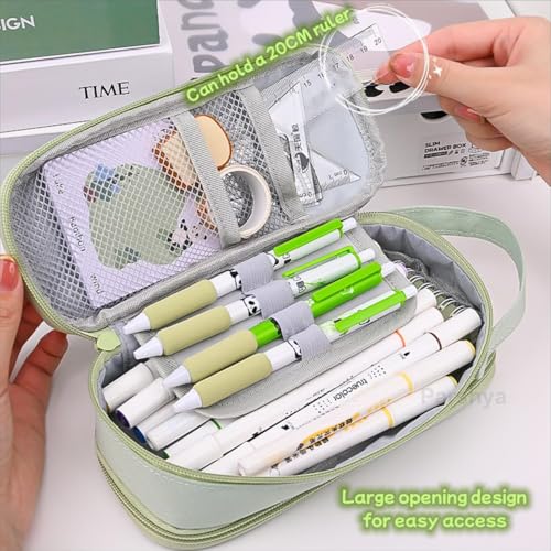 Image of Invite Two Layer Six Slot Premium Canvas Pencil Pouch for School Girls and Boys, Cute Aesthetic Stationery Items Kit Case, Large Capacity Stationary Pencil Box for Kids Gifts (Green Happy Time)