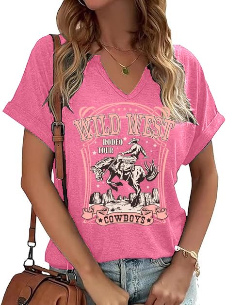 Cowboy Shirts for Women V Neck Vintage Rodeo T Shirt Western Fashion Graphic Short Sleeve Tee Tops