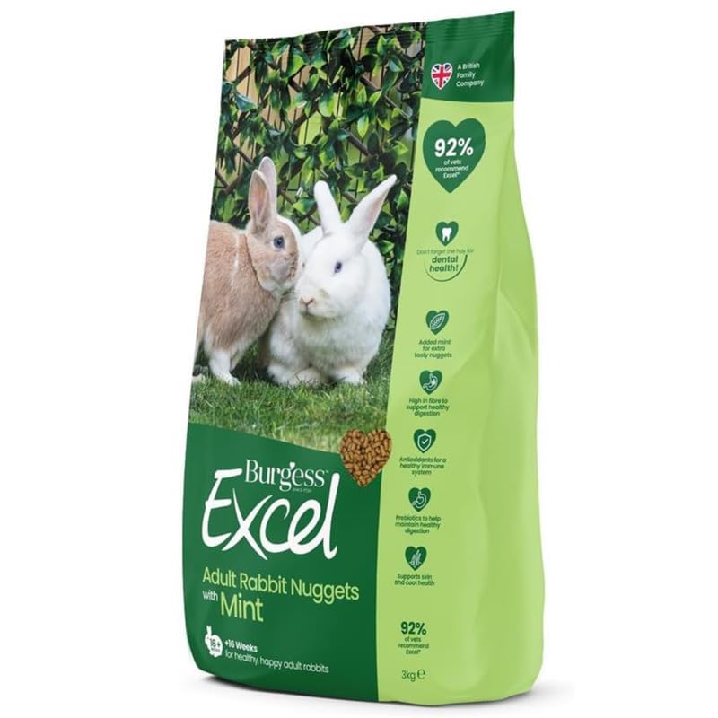3kg Burgess Excel Rabbit Nuggets with Mint – High-Fibre Complete Rabbit Food – Promotes Healthy Digestion, Teeth & Immunity