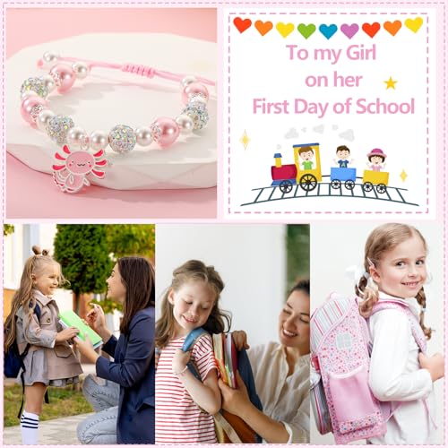 Back to School First Day of Kindergarten Bracelets Gifts Stuff for Girls Kids, Adjustable Axolotl Charm Pearl Bracelet Jewelry Gifts for Daughter Granddaughter