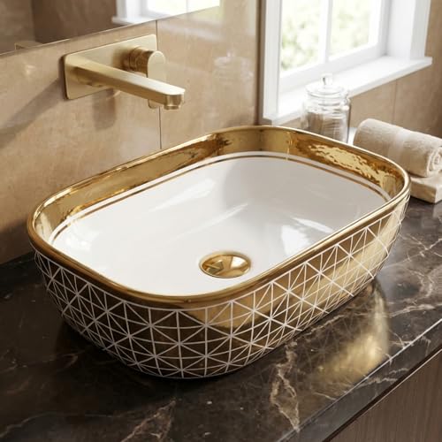 Image of InArt Tabletop Ceramic Wash Basin /Sink (Gold, 18 X 13 X 5 Inch)