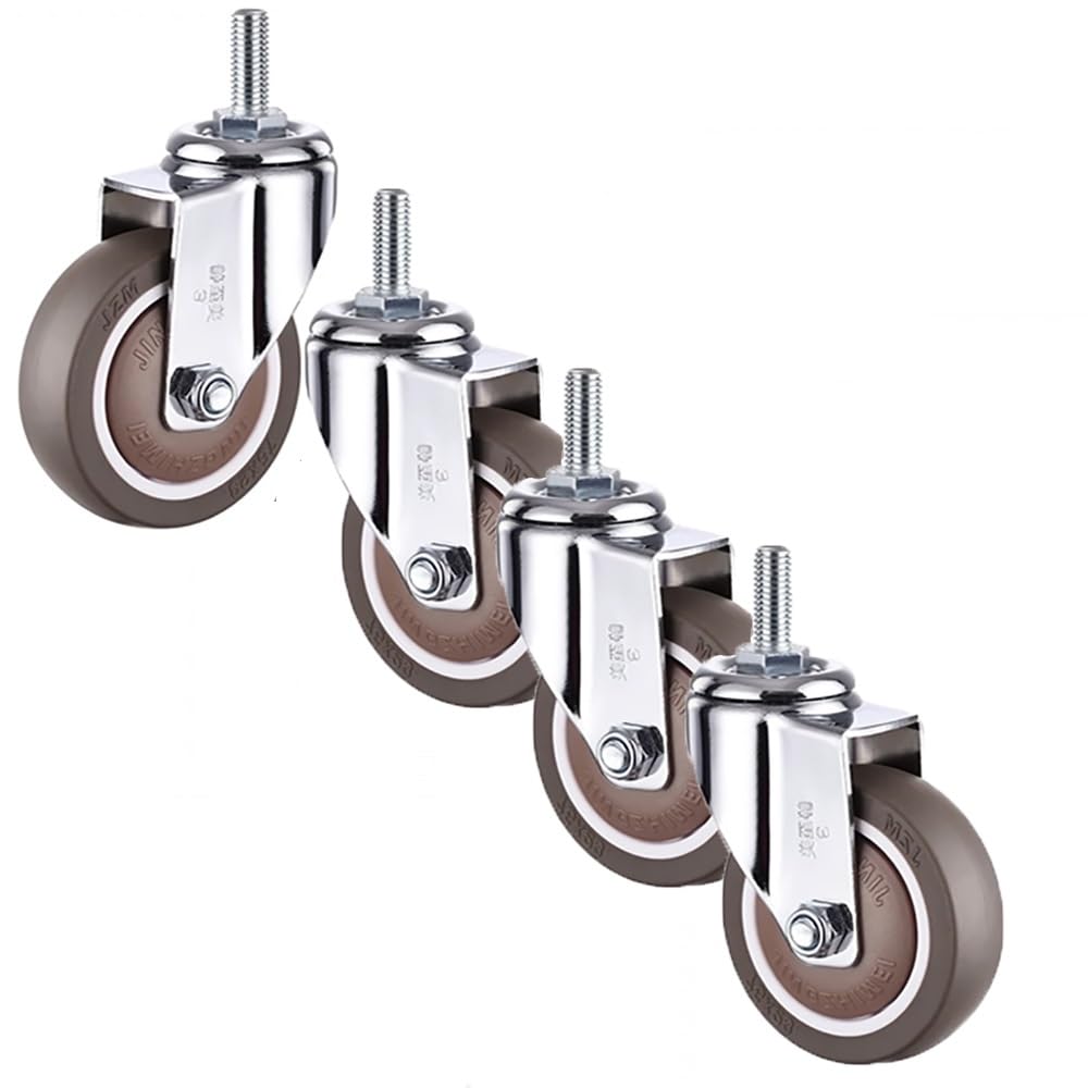 Stelo Filettato Ruote M10/M12, Silenziose Ruote in Gomma 3 Pollice, Ruote Pivottanti con Freni per Carrelli, Mobiletti, Moquette, 4 Pezzi(Swivel,M10x25)