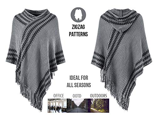 Ferand Women's Cozy Zigzag Poncho Sweater Lightweight Fringe Cape Cloak with Hood, One Size, Grey