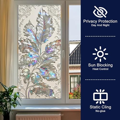 Vinilo decorativo adhesivo para ventana BlissYard hojas plateadas 17.7x39.3 pulg miniatura 2